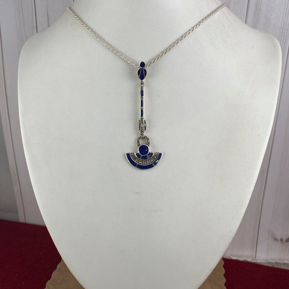 Vintage .24ctw Marcasite 925 Sterling Silver Pendant 18 inch 2MM 925 Rope Chain - Picture 5 of 6